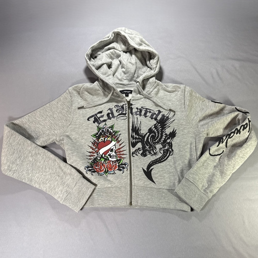 Ed Hardy Cropped Zip Up Hoodie Womens L Gray Tattoo Graphic Panther Sleeve VTG